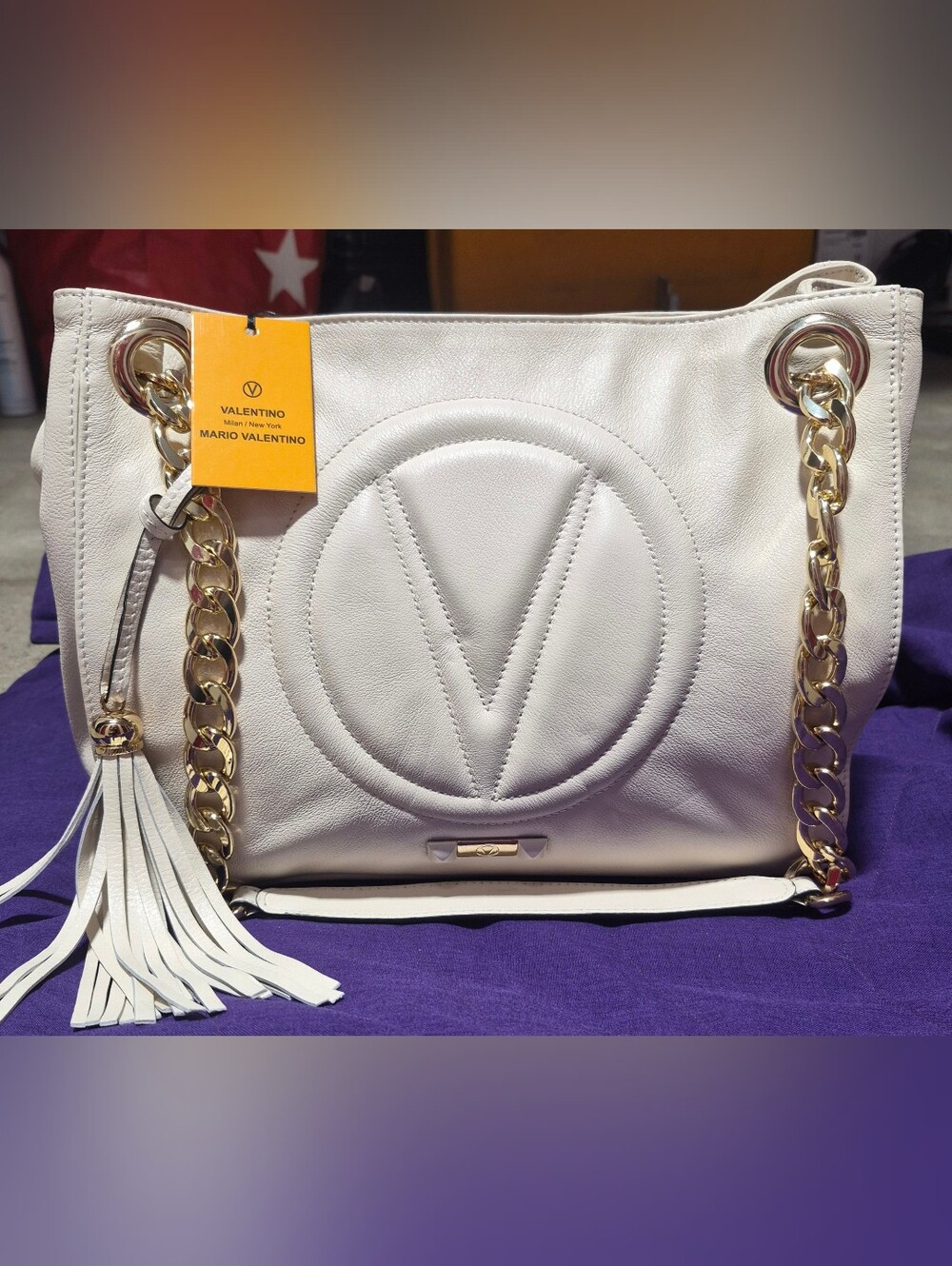 Valentino White Leather Shoulder Bag with Gold Chain Strap and Tassel